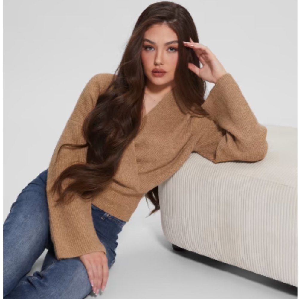 Guess Nora Wrap Sweater Camel Size Small NWT - Picture 3 of 9